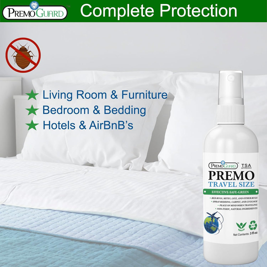 Travel Bed Bug & Mite Killer Spray by Premo Guard 3 oz – Child & Pet Safe – Fast Acting – Stain & Odor Free – Best