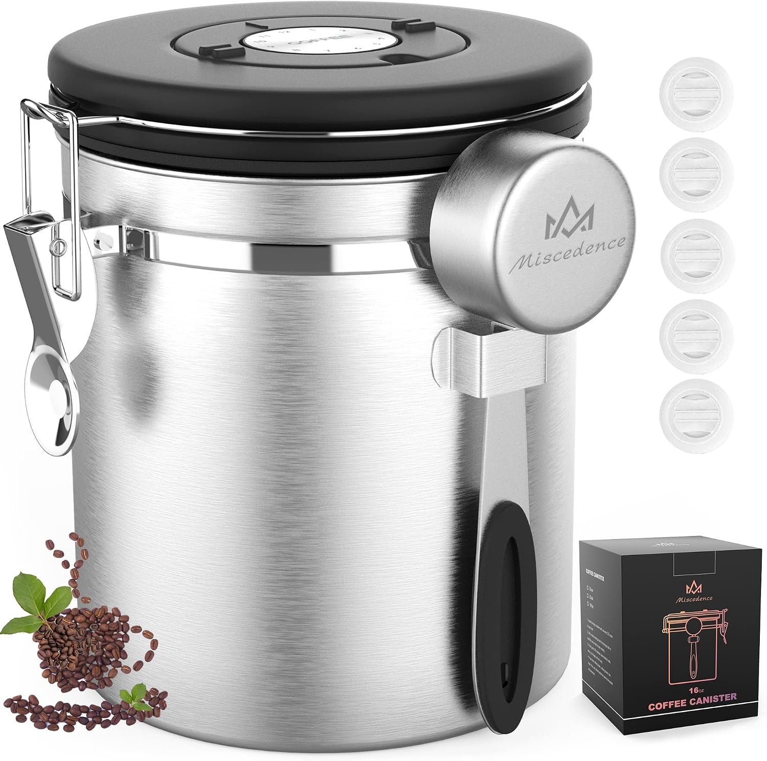 Coffee canister for ground coffee with Scoop Date Tracker One Way Co2 Valve 304 Stainless Steel Kitchen Food Airtight