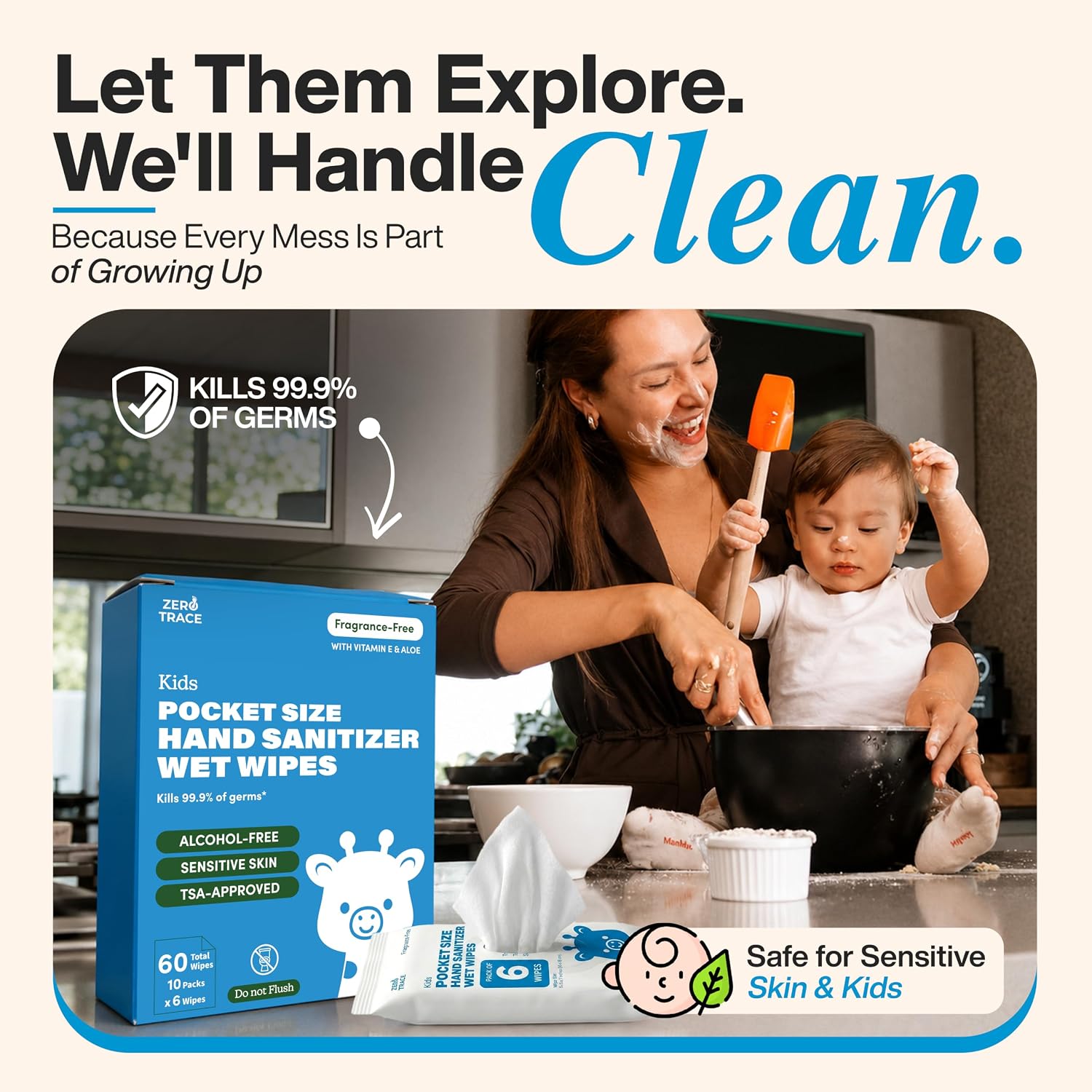 Pocket Hand Sanitizer Wipes – Alcohol-Free & Fragrance-Free – Kills 99.9% of Germs – Safe for Kids & Sensitive Skin –