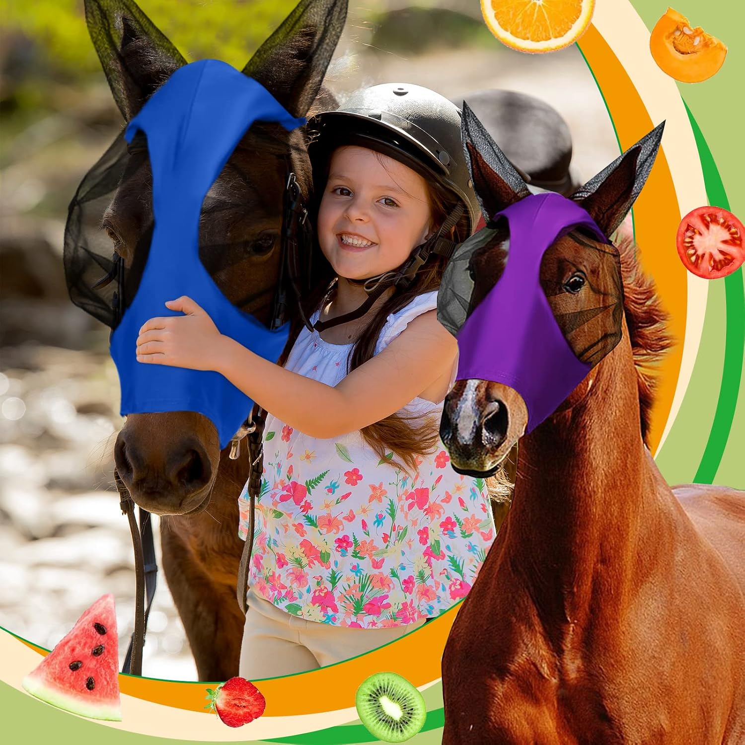 4 Pcs Horse Fly Mask with Ear, Large, Purple, Blue, Pink, Black
