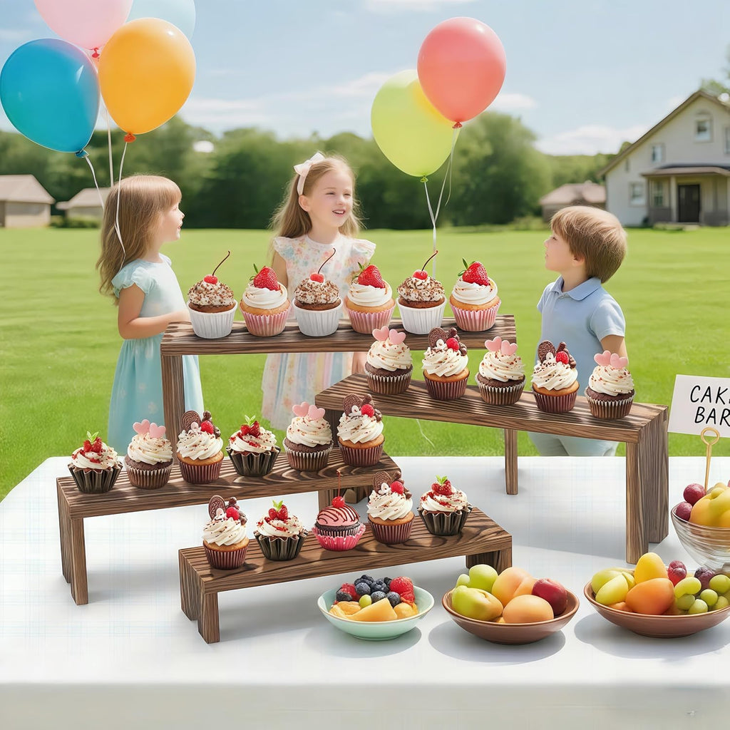 2 Set wood tone Wooden Tiered Display Stands 4 Tier Stackable Pine Wood Display Risers, Suitable for Vendor Events
