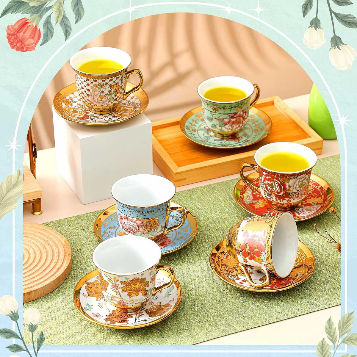 Set of 18 Tea Cups and Saucers, Stylish Style, 5.4 oz