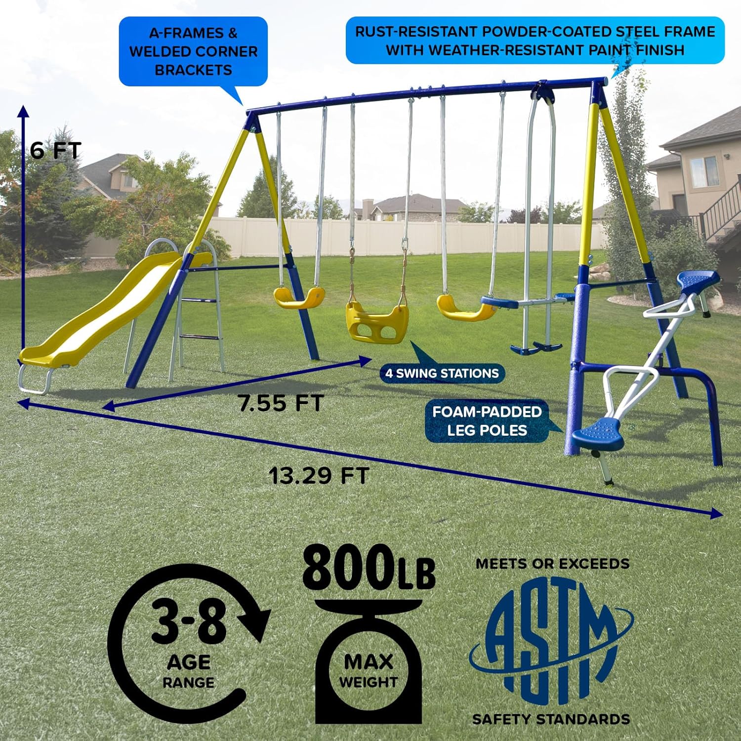 Royal Fun Metal Swing Set for Kids Ages 3-8 with 2 Swings, Standing Swing, Glider, Teeter-Totter & 5FT Slide, Anchor