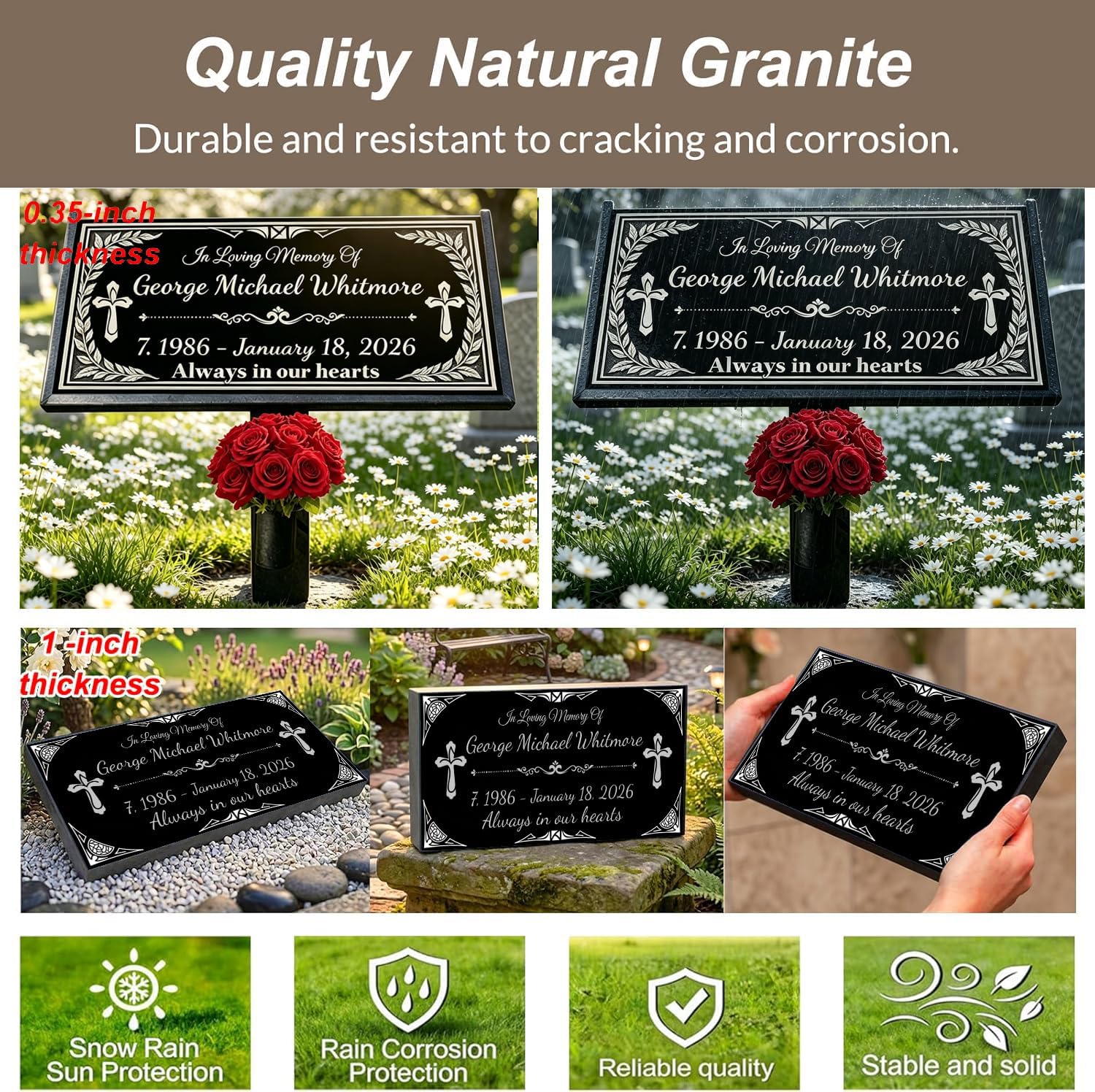 Personalized Human Memorial Stone, Black Granite Headstone with Photo, Engraved Grave Marker for Cemetery Outdoor
