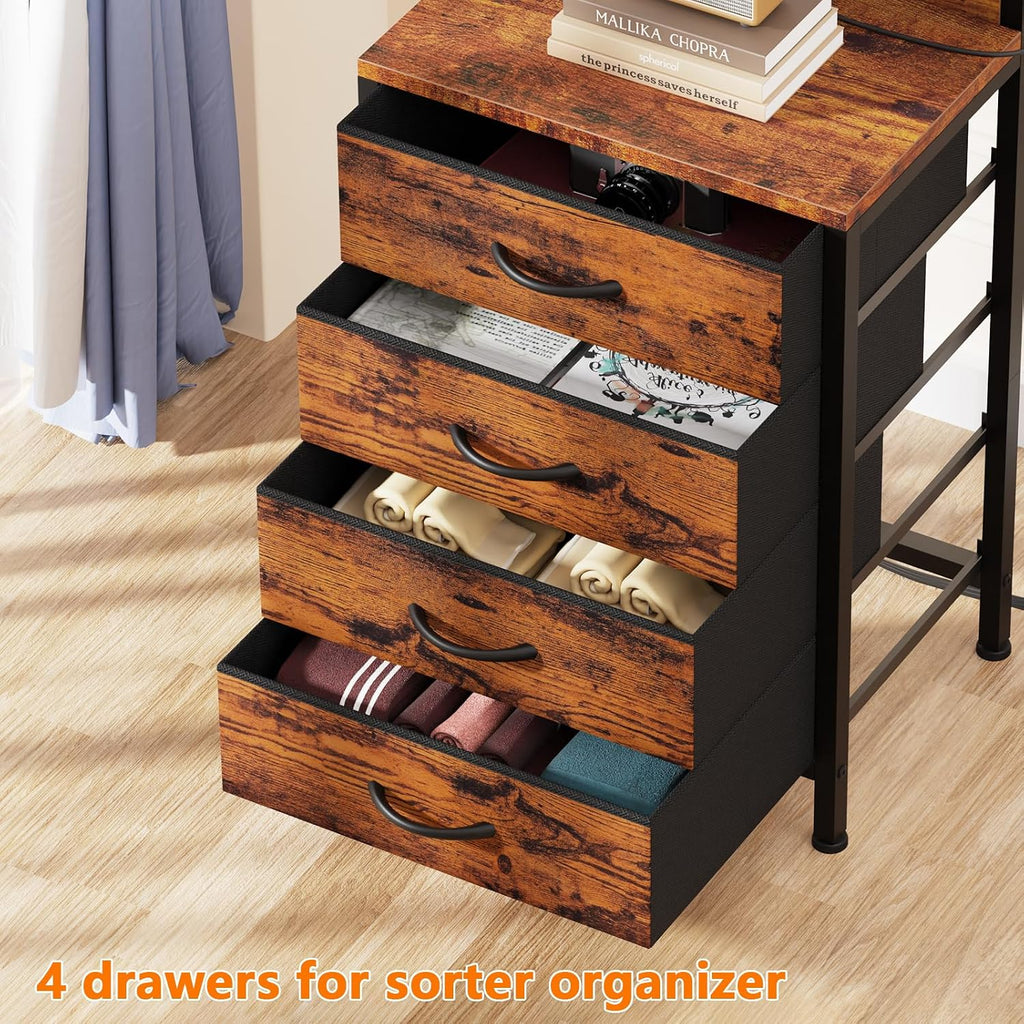 Night Stand Set 2, 38" Tall Bedside Table with Charging Station | RGB LED Lights, Storage Wood Shelves & 4 Fabric