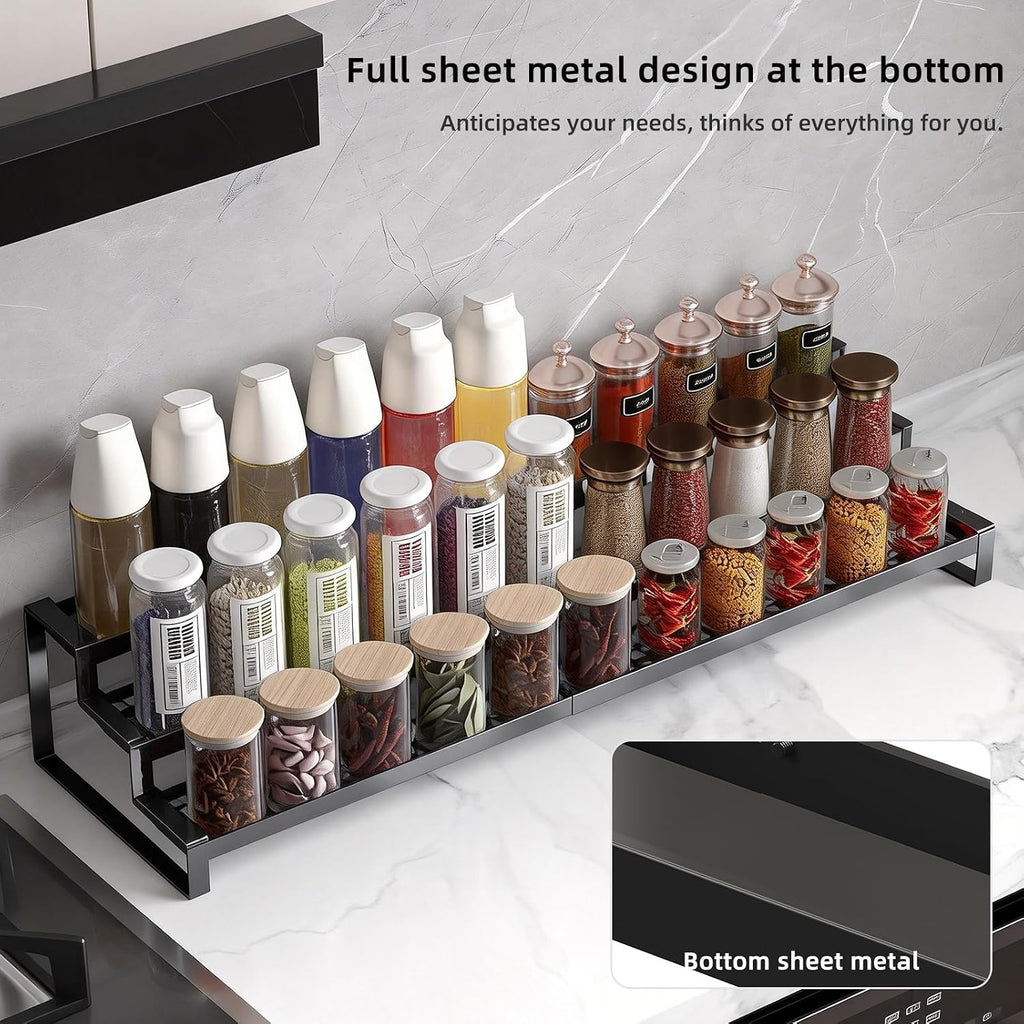 3 Tier Expandable Spice Rack Organizer, Heavy-Duty Black Metal Seasoning Organization Shelf for Cabinet, Kitchen &