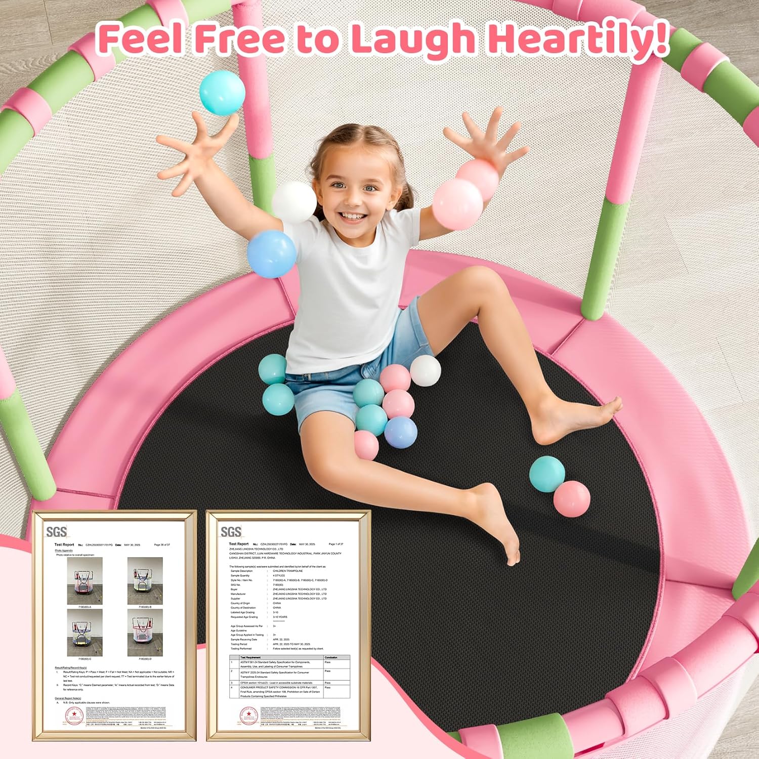 55" Trampoline for Kids with Enclosure, 6-in-1 Toddler Trampoline Indoor Outdoor, Upgrade Full Anti-Rust Tube with