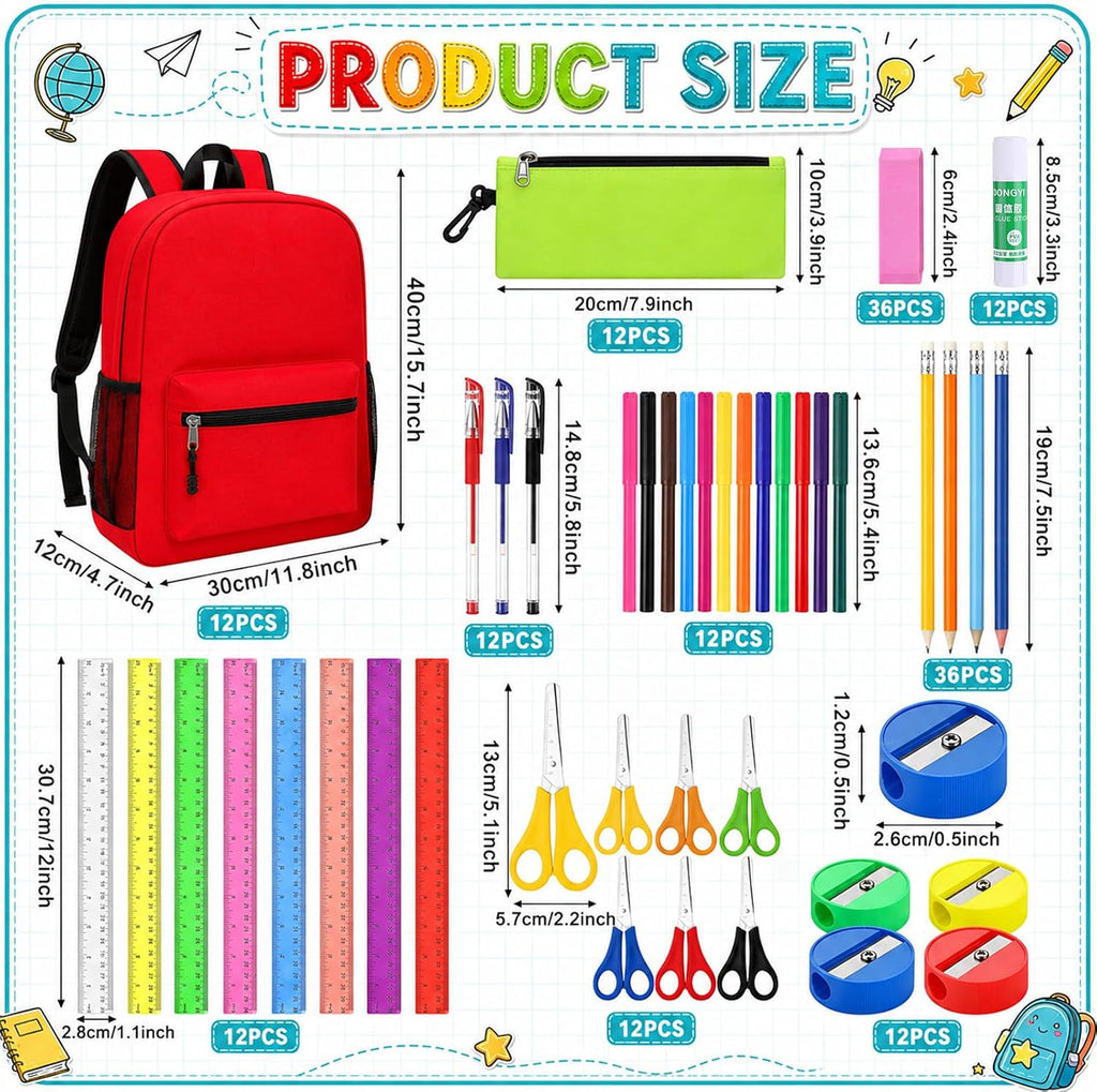 168 Pcs Backpacks Bulk with School Kits Pencil Bags Pens Rulers Glue Sticks Scissors Sharpeners Erasers (Classic)