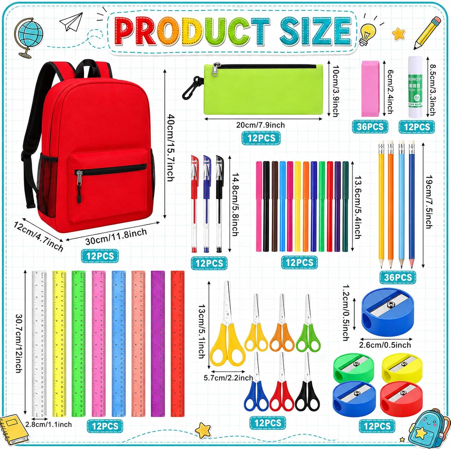168 Pcs Backpacks Bulk with School Kits Pencil Bags Pens Rulers Glue Sticks Scissors Sharpeners Erasers (Classic)