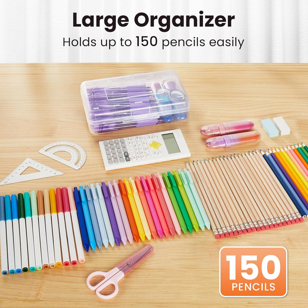 6 Pack Pencil Box, Hard Pencil Boxes for School Supplies Bulk | Large Plastic Pencil Case with Lid, Clear Pencil