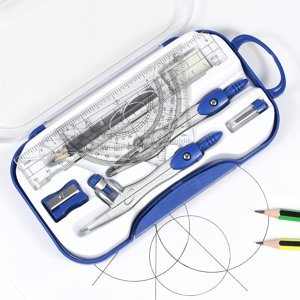 Geometry Set 10 Pcs Student Supplies,Protractor and Compass,Navy Blue | Shatterproof Storage