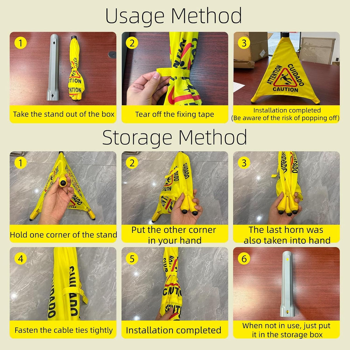 Wet Floor Signs - 2PCS Pop UP Bilingual Yellow Cones Wet Floor Sign with Wall Mounted Storage Tube Foldable, Slip