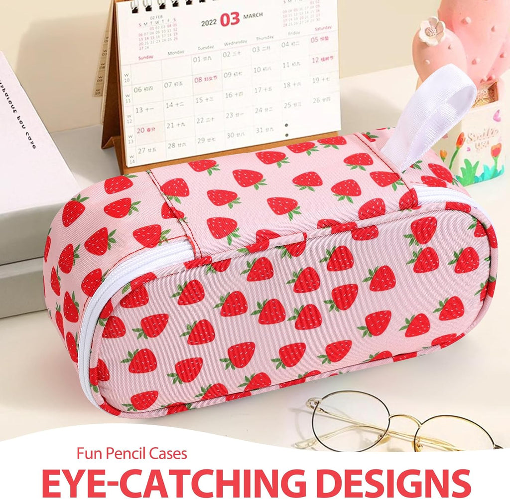 Large Capacity Pencil Case Portable Pencil Pouch Bag School Supplies for College Students Girls Boys Adults(Strawberry)