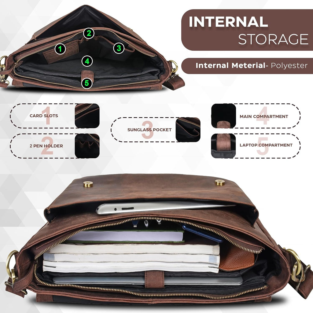 Leather Messenger Bag for Men and Women - Laptop Briefcase Bag For College, Office, Adjustable Shoulder Strap