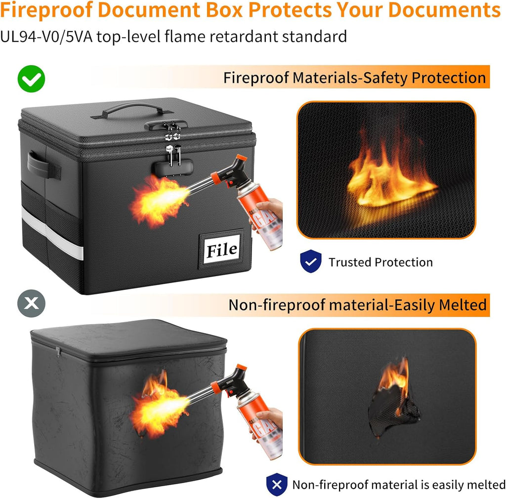 Fireproof Document Box with Locks and Accordion File Folder,Black