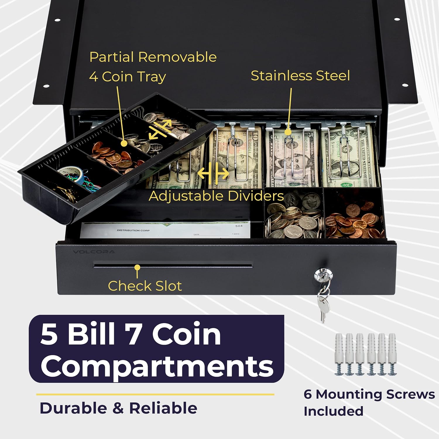 Cash Register Drawer with Under Counter Mounting Metal Bracket - 16" Black Cash Drawer for POS, 5 Bill 6 Coin Cash
