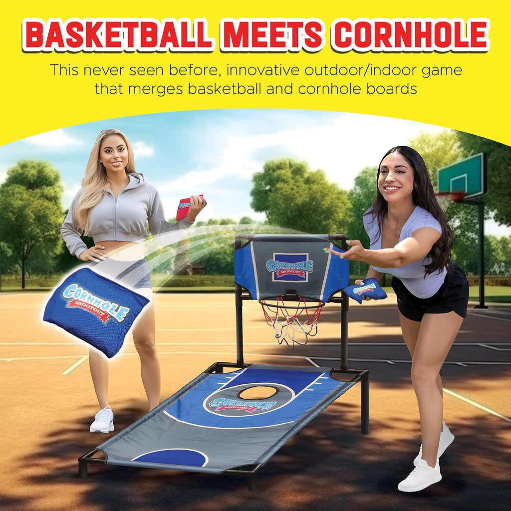 Sports Basketball Net Cornhole Board Set, Basketball & Cornhole in One, Includes 8 Red/Blue Bean Bags, Convenient
