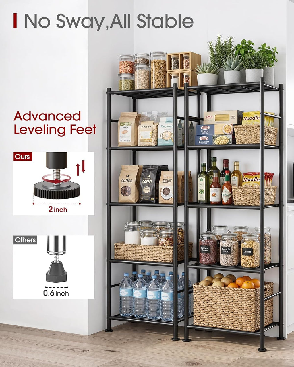 Storage Shelves - Set of 2, 5-Tier Metal Shelf Organizer, Space-Saving Garage Shelving with Leveling Feet, Standing