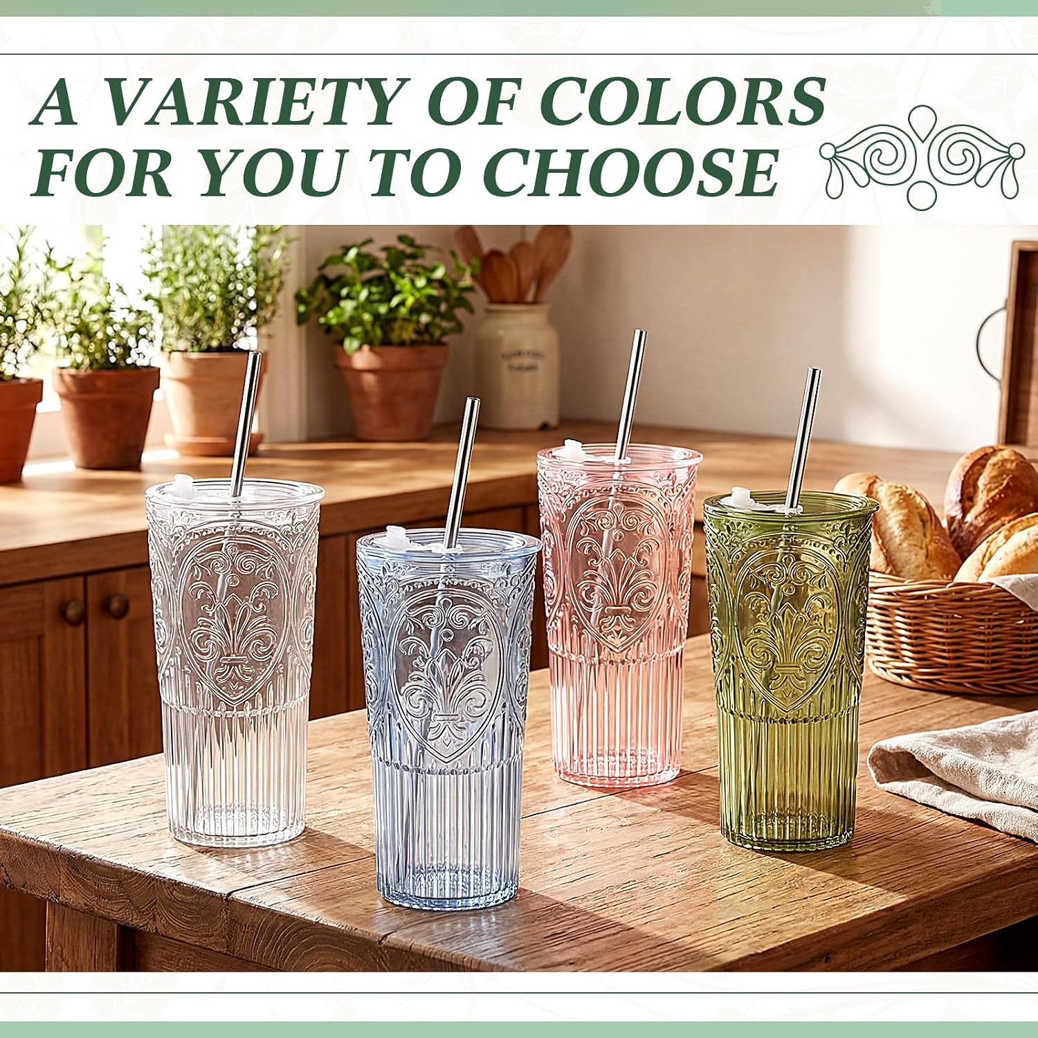 8 Set 20oz Vintage Plastic Tumbler with Lids and Straws Ribbed Floral Drinking Glasses Reusable Iced Coffee Cups for