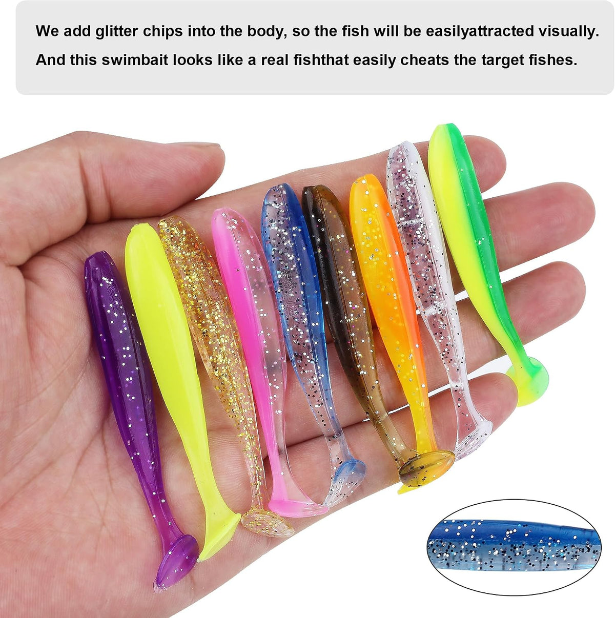 Soft Fishing Lures，90pcs Fishing Soft Plastic Lures and 5pcs Fishhook,Paddle Tail Swimbaits Soft Plastic Lures Kit