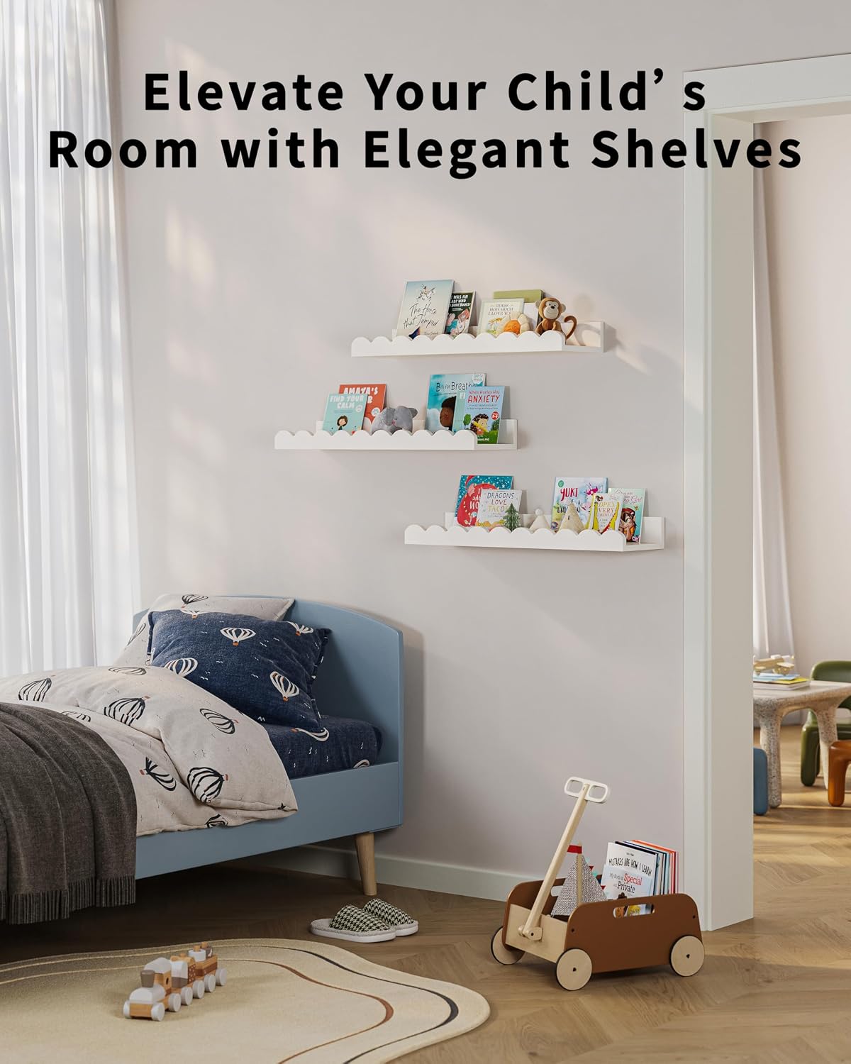 Nursery Book Shelves, Set of 3, Nursery Decor for Baby and Toddler, Scalloped Shelves, Book Shelf for Kids Rooms