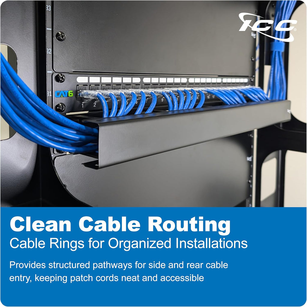 ICC 1U Ring Cable Manager with Cover, 3-Inch D-Rings, Black, 1-Pack
