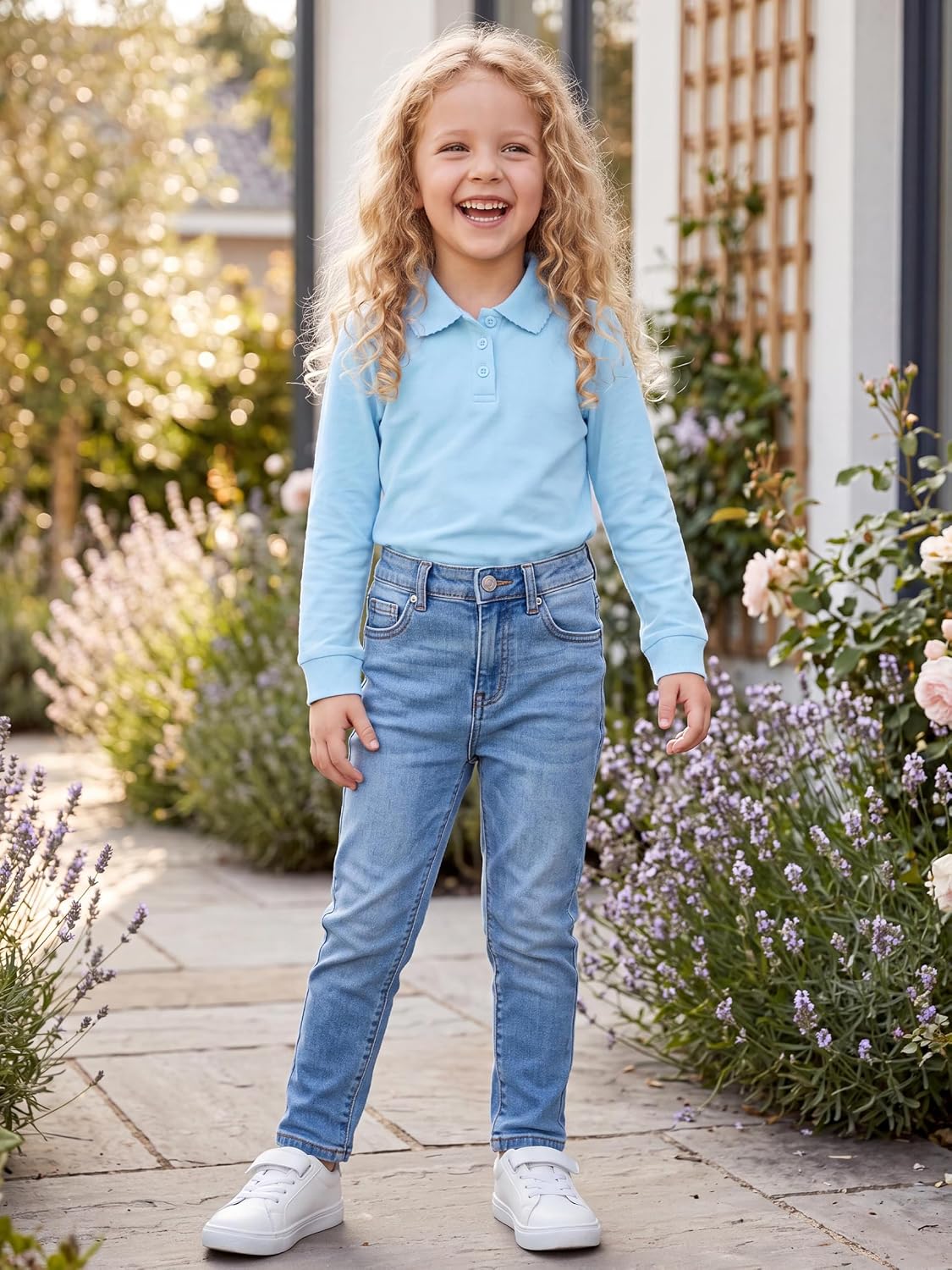 4 Pieces Girls' Long Sleeve Polo Shirt School Uniform Interlock Polo Shirt with Picot Collar, Button Closure