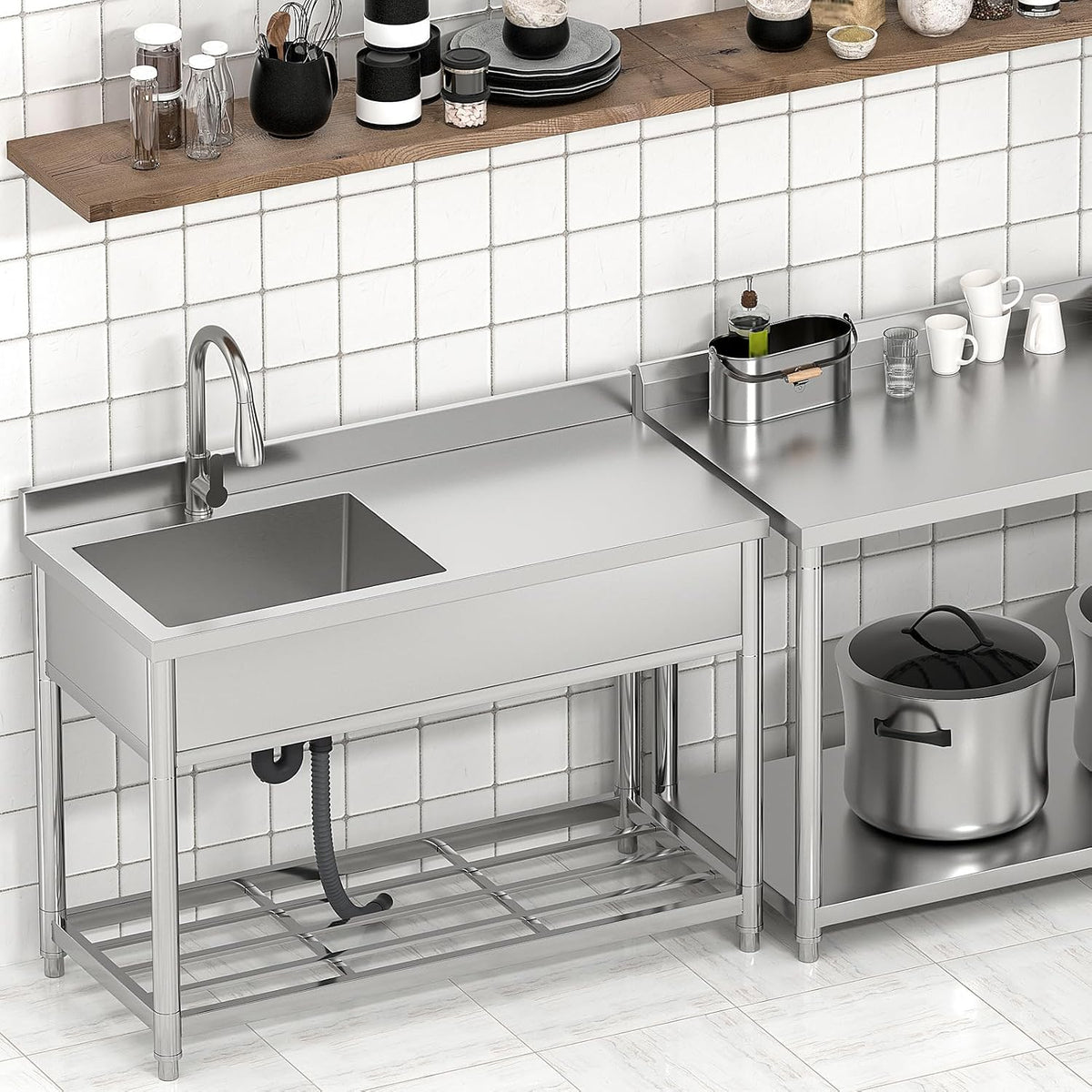 Stainless Steel Commercial Sink with Drainboard, Free Standing Utility Sink