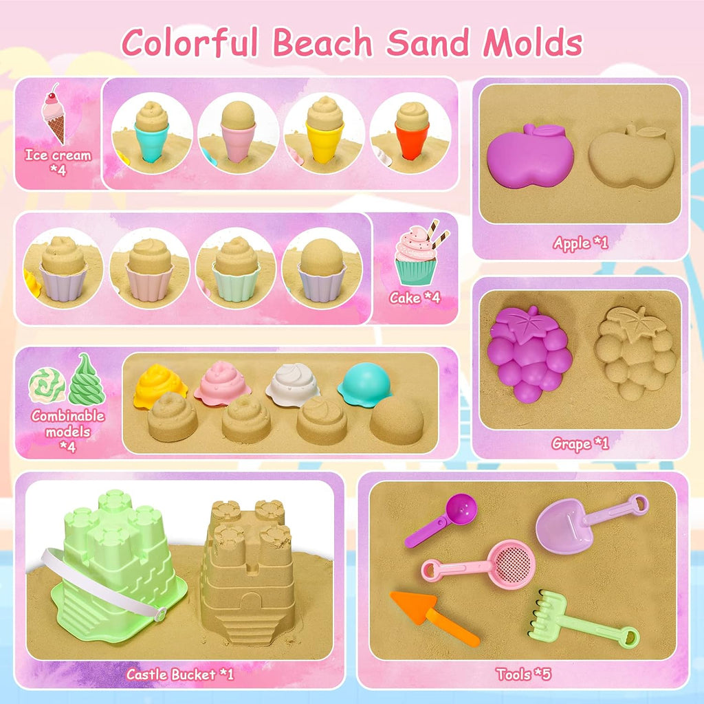 Beach Toys for Kids and Mesh Beach Bag with Zipper, Large Beach Tote with 8 Pockets, Sand Toys Storage Pool Bag Beach
