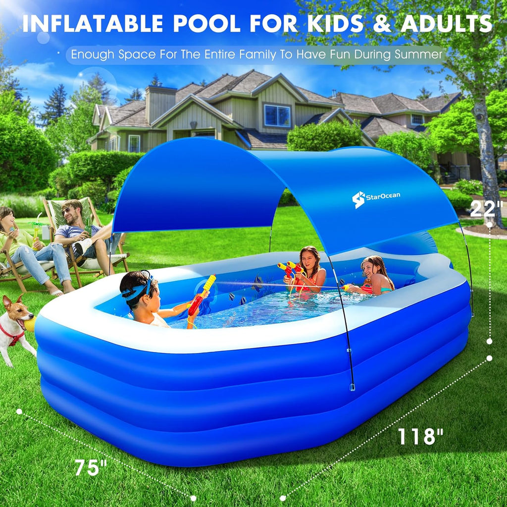 Inflatable Pool with Canopy, Large Inflatable Swimming Pool for Kids,Adult, Blow Up Pools with Seats,Backrest.Durable