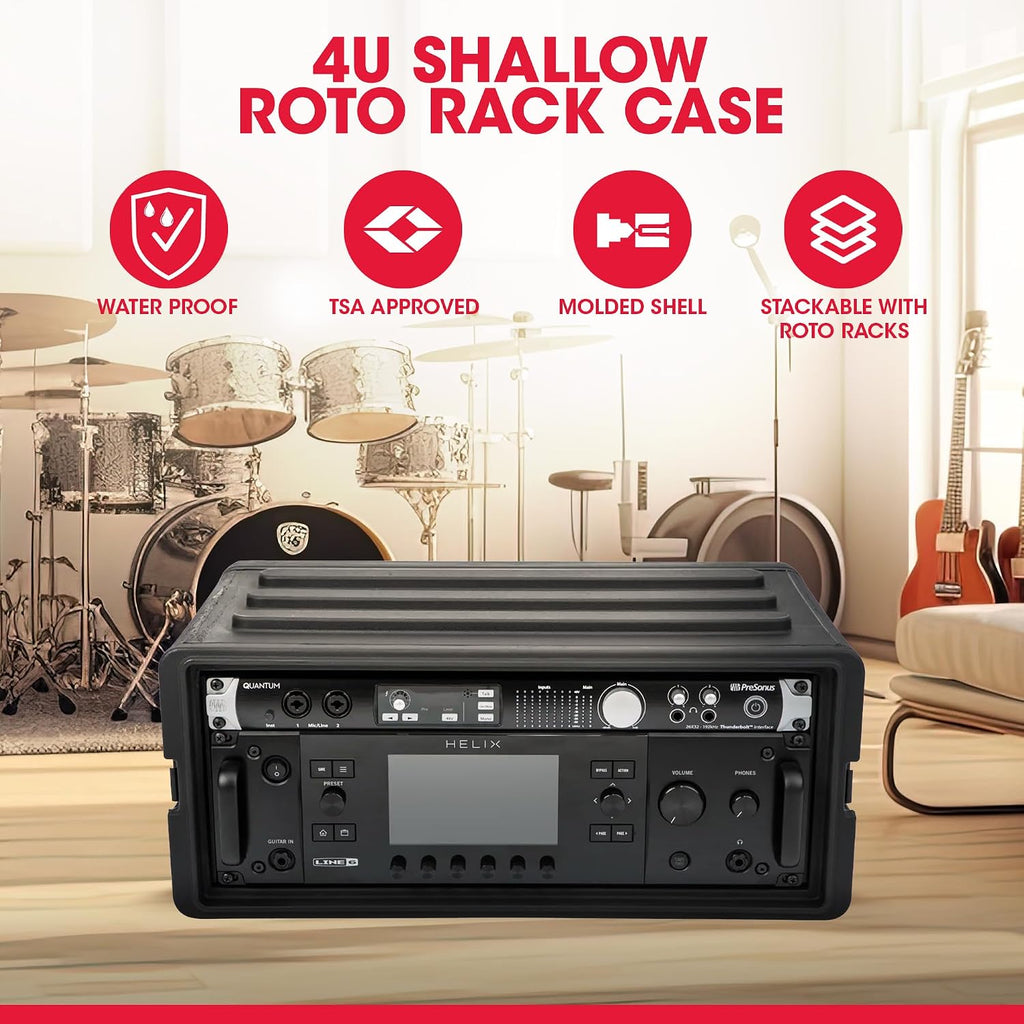 4U Shallow Roto Rack Case - Durable Polyethylene Gear Protector, Stackable, Waterproof with Twist Latches & Rubber