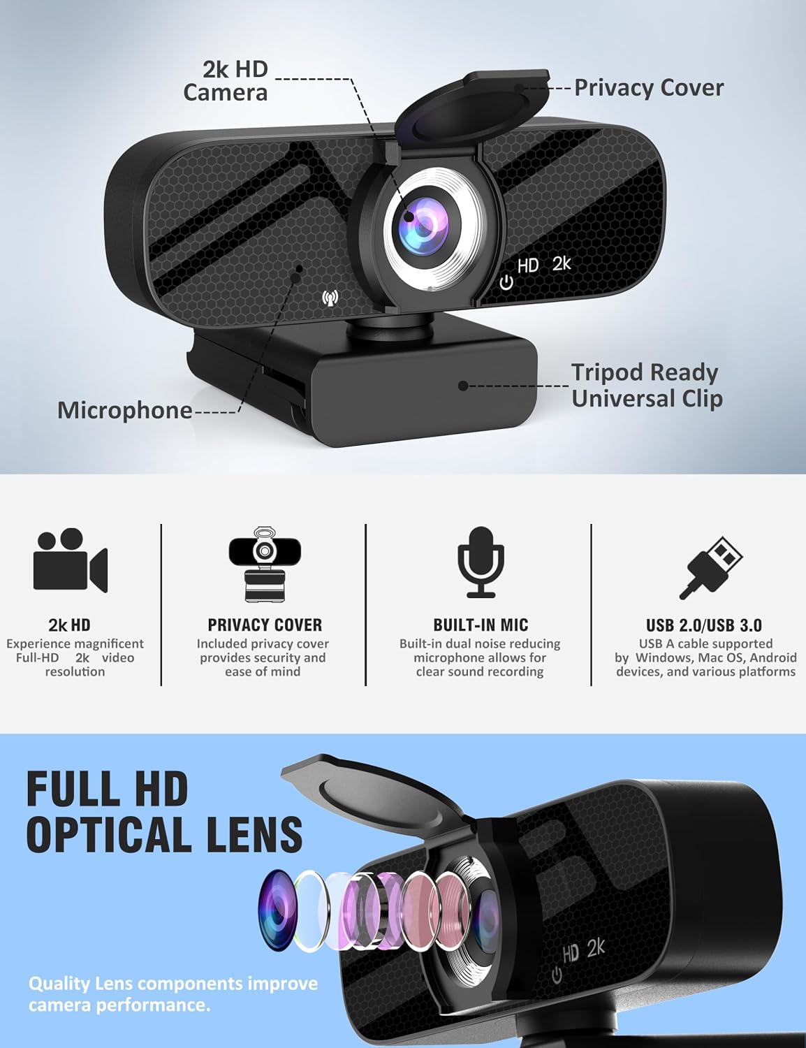Full HD Webcam with Built-in Microphone and Rotatable Tripod, 2K Video and Wide Angle Camera, Privacy Cover
