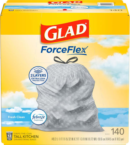 ForceFlex Tall Kitchen Trash Bags, 13 Gallon, Fresh Clean, 140 Count (Package May Vary)