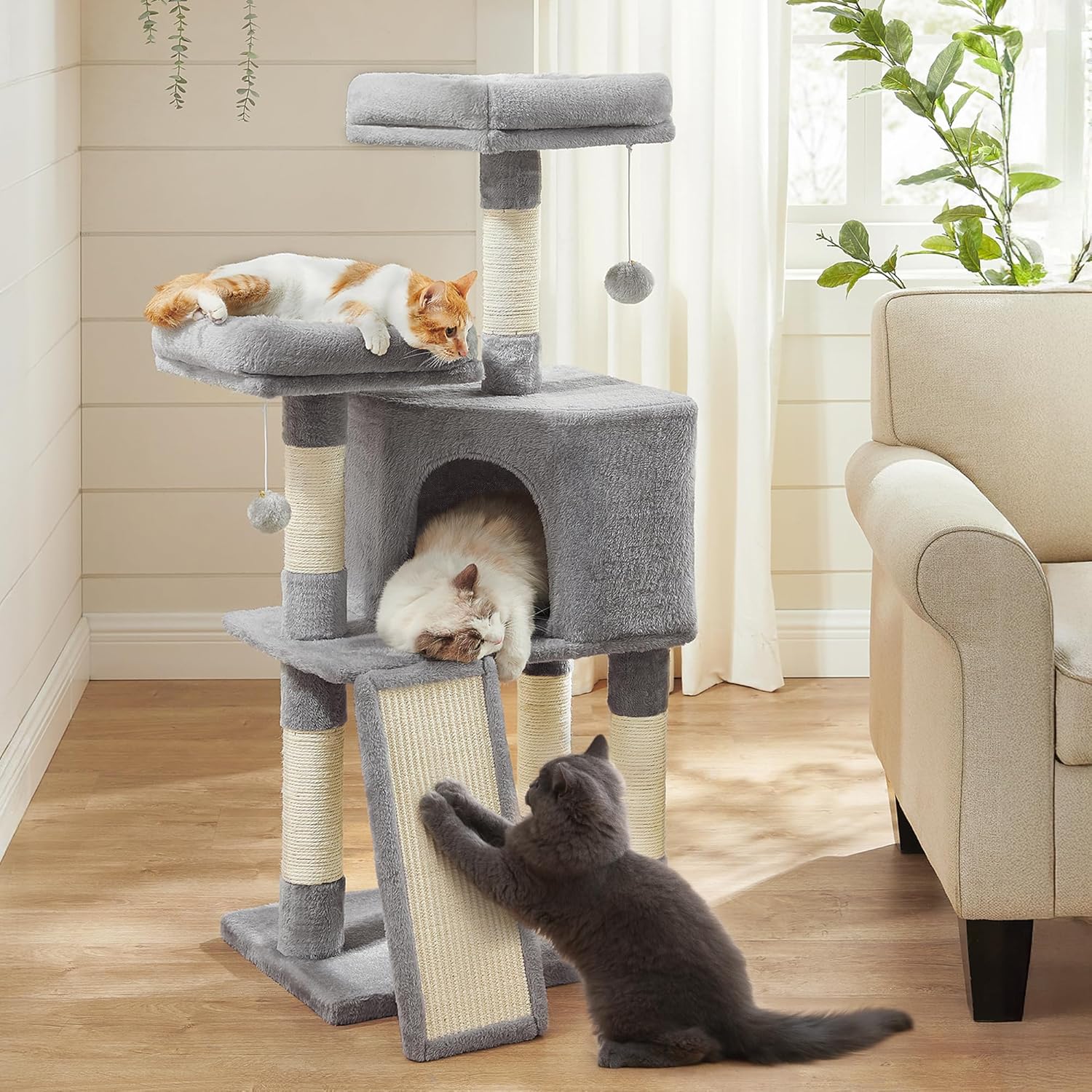 Cat Tree, 45.3-Inch Cat Tower, Plush Condo with Scratching Post, Ramp, Perch, Spacious Cave