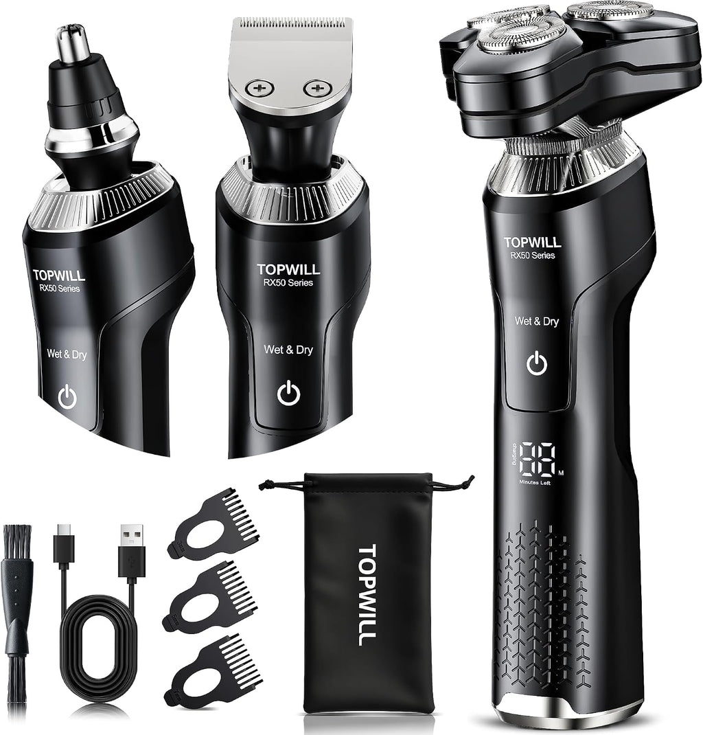 Electric Shaver for Men, 3-in-1 Rechargeable Razor and Trimmer | Face, Beard, Nose, Waterproof Wet/Dry Use, USB-C