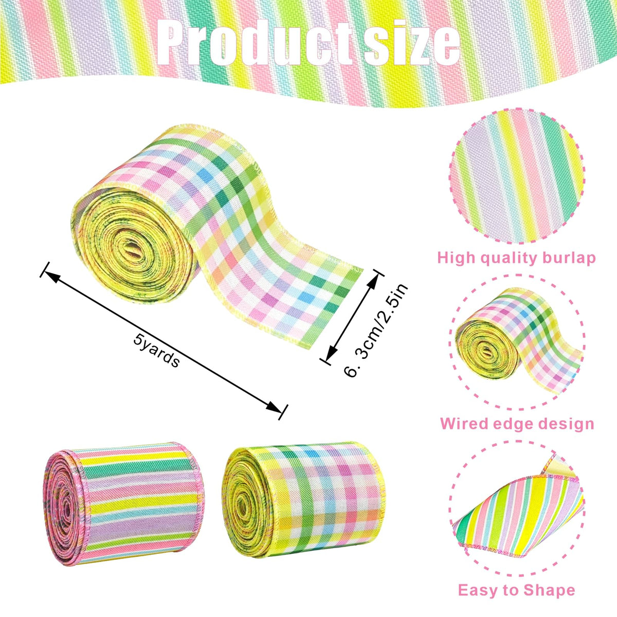 2 Rolls 2.5"×10 Easter Flag Ribbons Wired for Wreath Bow Wrapping (Easter)