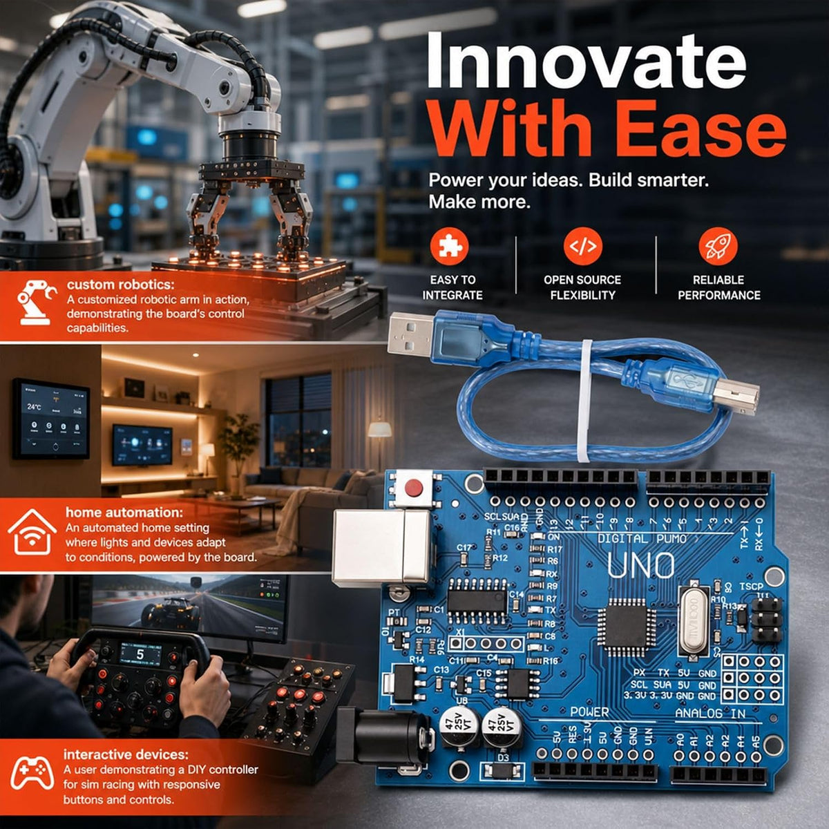 Arduino UNO R3 Board, ATmega328P, 16MHz, USB Cable