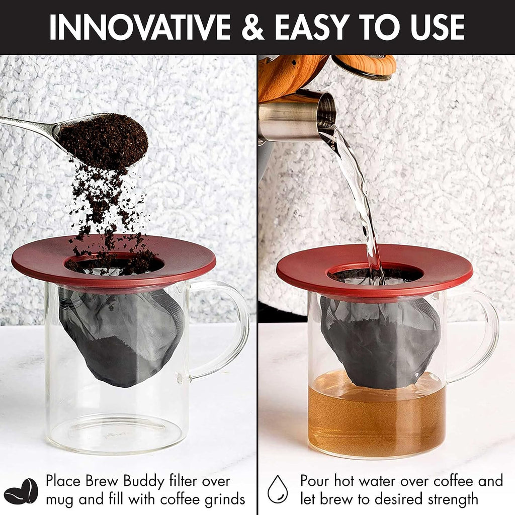 Brew Buddy Portable Pour Over, Reusable Fine Mesh Filter, Dishwasher Safe, Single Cup of Coffee or Tea at Any