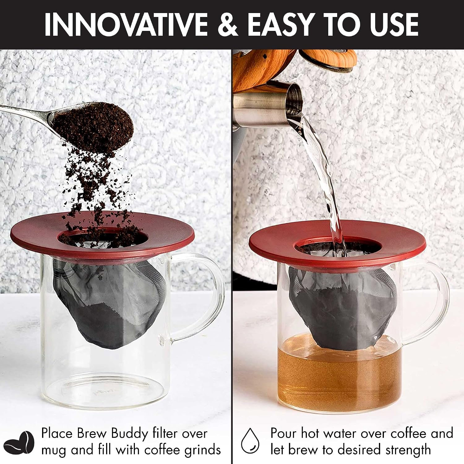 Brew Buddy Portable Pour Over, Reusable Fine Mesh Filter, Dishwasher Safe, Single Cup of Coffee or Tea at Any