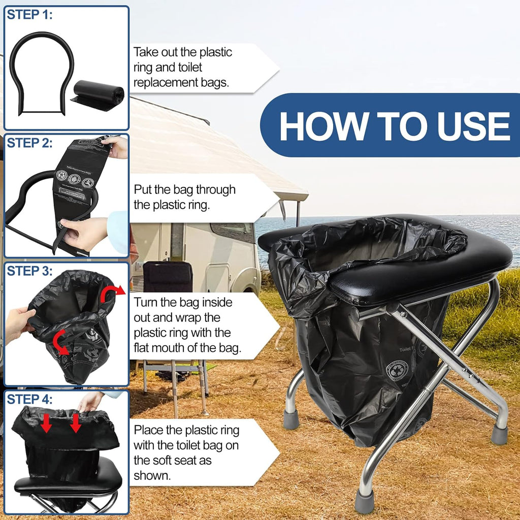 Portable Toilet for Camping, 350LBS Stainless Steel Foldable Camp Travel Toilet with Soft Seat for Adults, 16.5-Inch