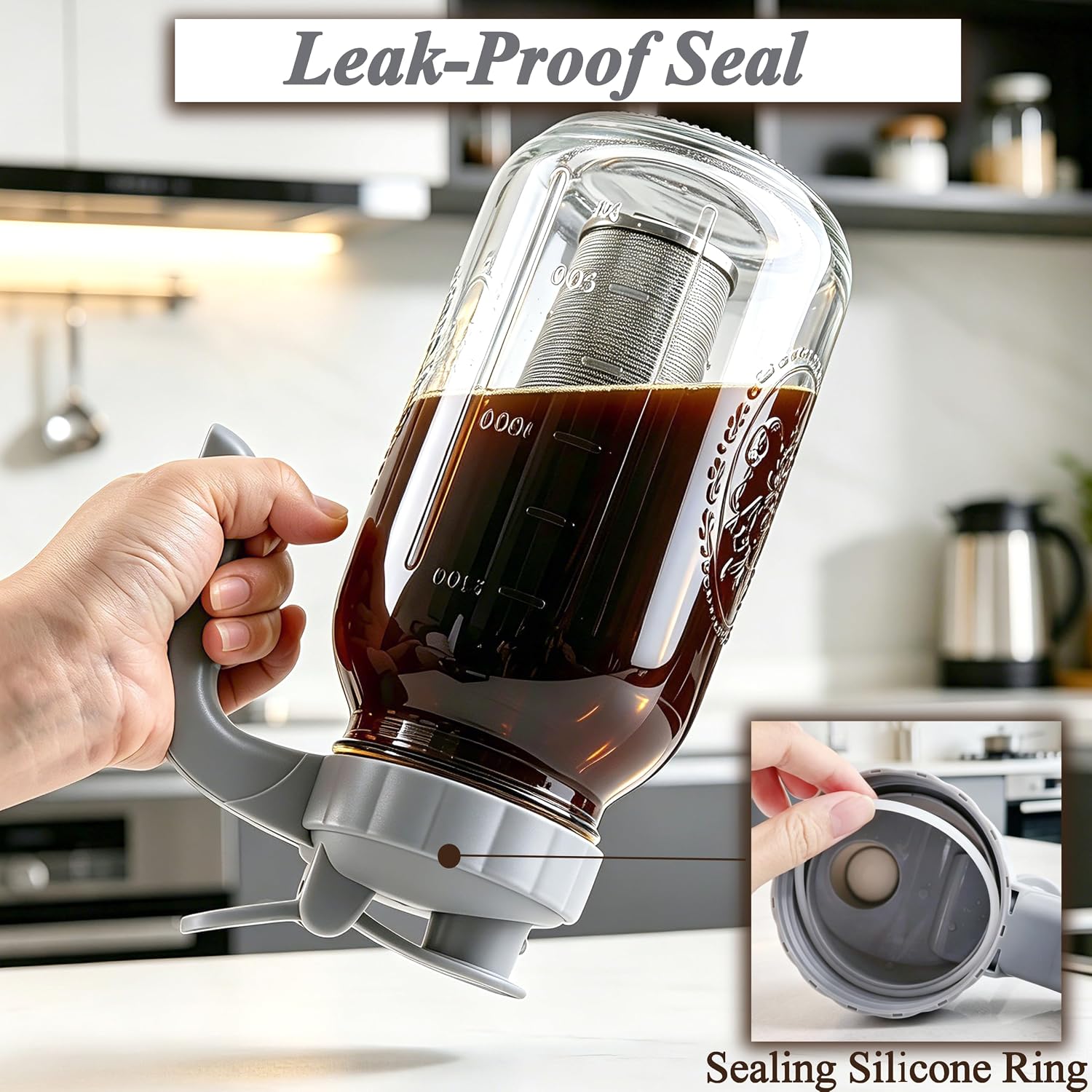 Cold Brew Coffee Maker 64oz Glass Mason Jar Pitcher with Pour Spout Lid | Airtight & Leak-Proof Glass Iced Coffee