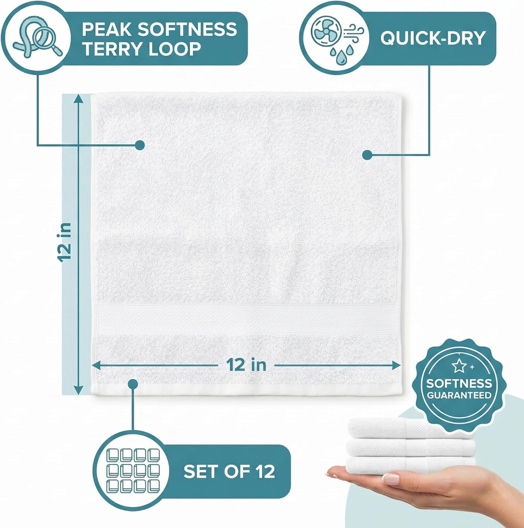 100% Cotton Washcloths Set of 12, (12 x 12 Inch) 520 GSM Wash Cloths, Extra Soft Absorbent Quick Dry Face Towels