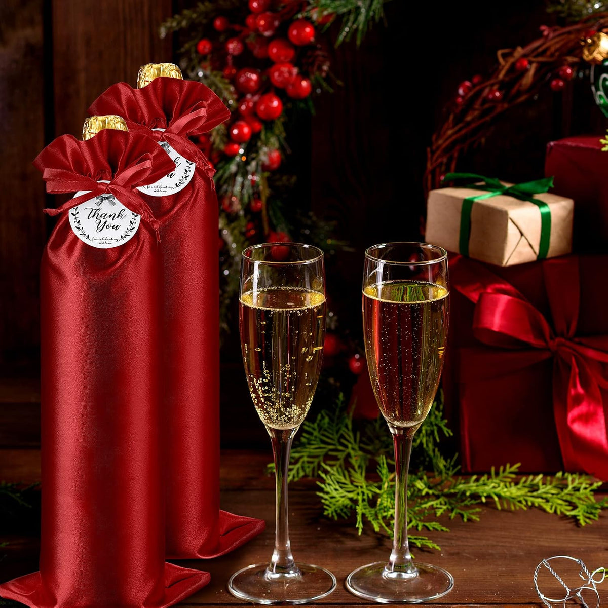 12 Pcs Red Satin Wine Gift Bags, Gift Giving