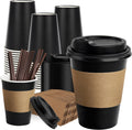 12 oz 50 Pack Black Disposable Coffee Cups with Lids & Sleeves
