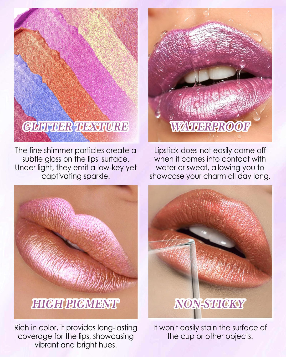 Metallic Shimmer Lipstick, Glitter Lip Gloss, Waterproof Lipgloss for Women