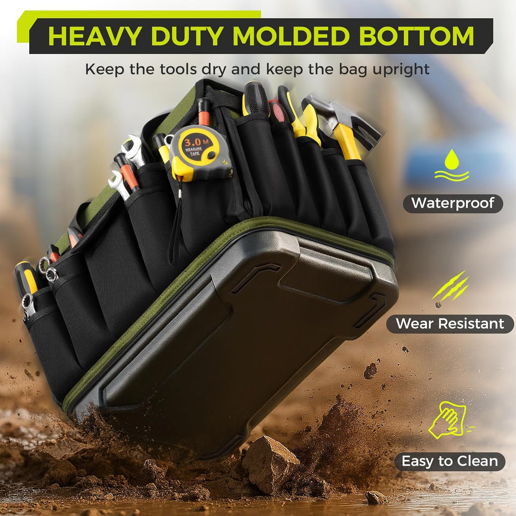 Heavy Duty Tool Bag 16-Inch, 46 Pockets Electrician Tool Bag for men with Hard Bottom & Waterproof Pocket, 1680D