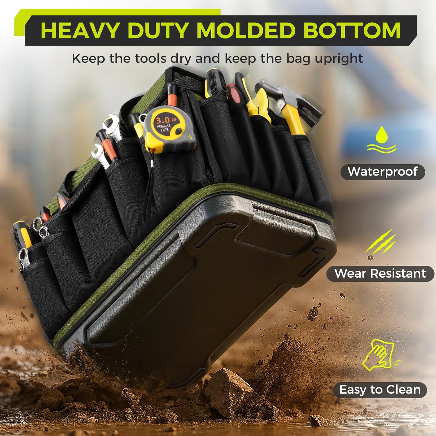 Heavy Duty Tool Bag 16-Inch, 46 Pockets Electrician Tool Bag for men with Hard Bottom & Waterproof Pocket, 1680D