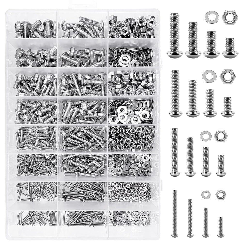 1290 Pieces M2 M3 M4 M5 Screw Nuts and Bolts Assortment Kit, Metric Screws 304 Stainless Steel Button Head Socket Cap