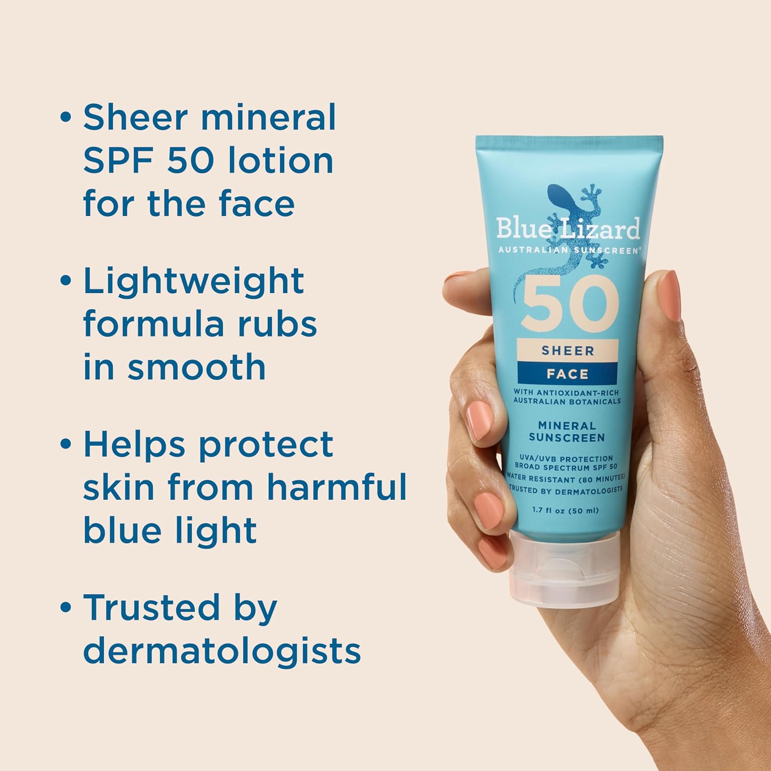 Sheer Face Mineral SPF 50 Sunscreen Lotion, 100% Mineral Formula, Blue Light Protection, Lightweight, Rubs In Smooth