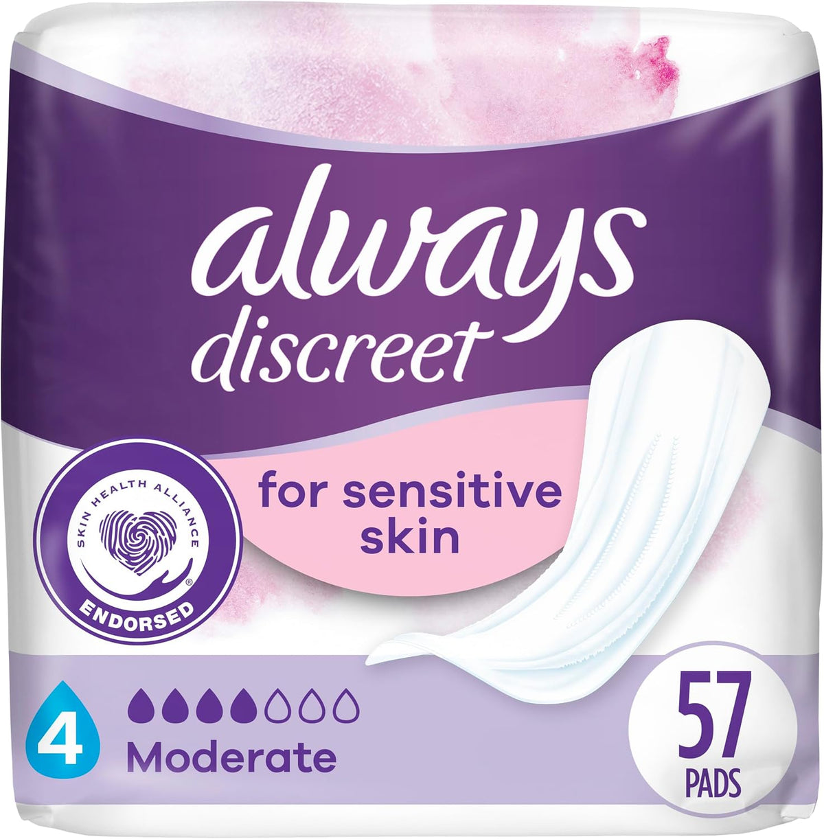 Incontinence Pads for Women with Bladder Leaks, Sensitive Skin Pads Moderate Absorbency, Regular Length, 57 Count